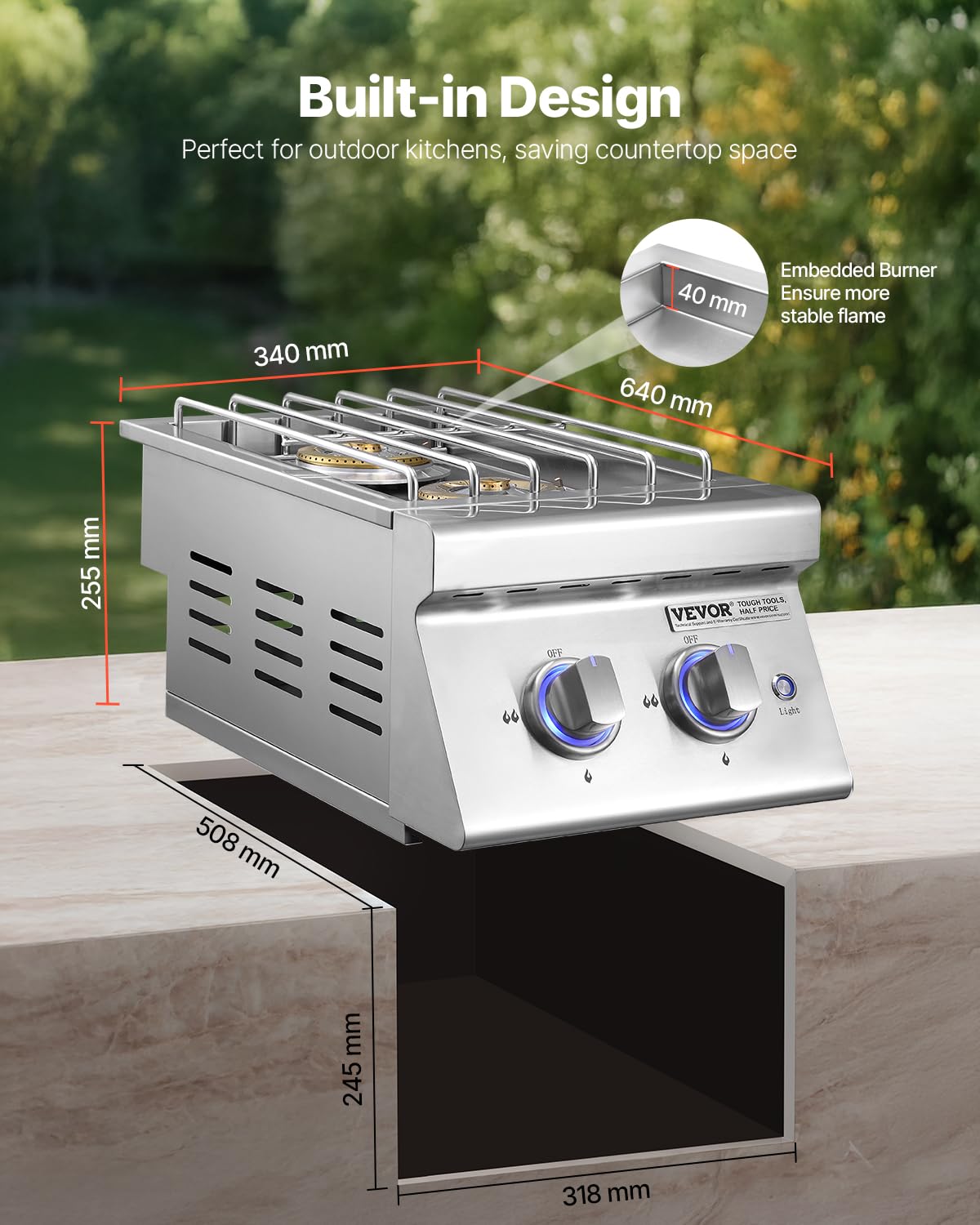 Double Side Burners, 2 x 17,000BTU Liquid Propane, Convertible to Natural Gas, 304 Stainless Steel Built-in G8983