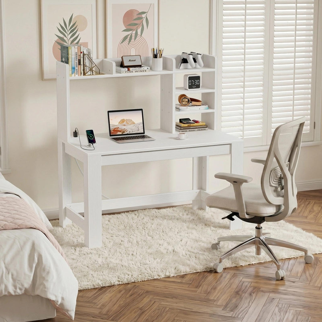 White Student Desk with Hutch and Built-in Power Outlet M550