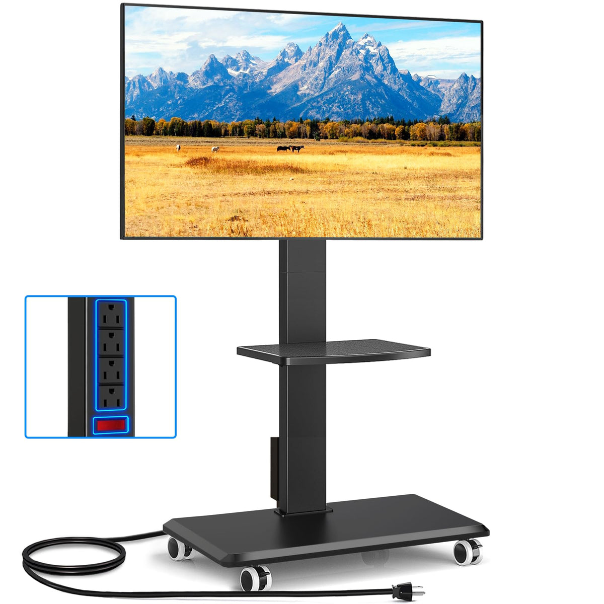 Black Mobile TV Stand 32-75 Inch with Power Outlet and Shelf G7553