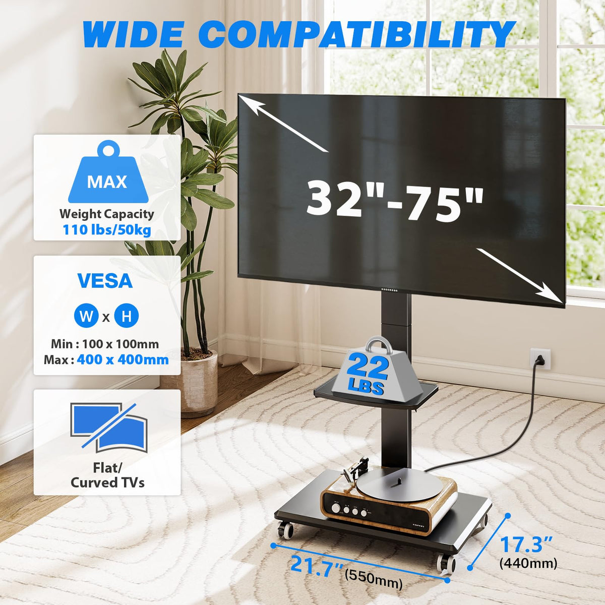 Black Mobile TV Stand 32-75 Inch with Power Outlet and Shelf G7553