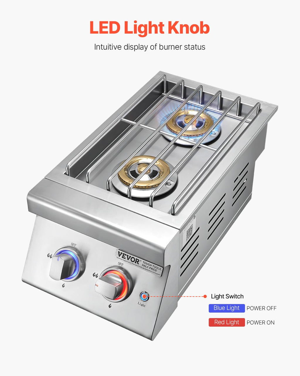 Double Side Burners, 2 x 17,000BTU Liquid Propane, Convertible to Natural Gas, 304 Stainless Steel Built-in G8983