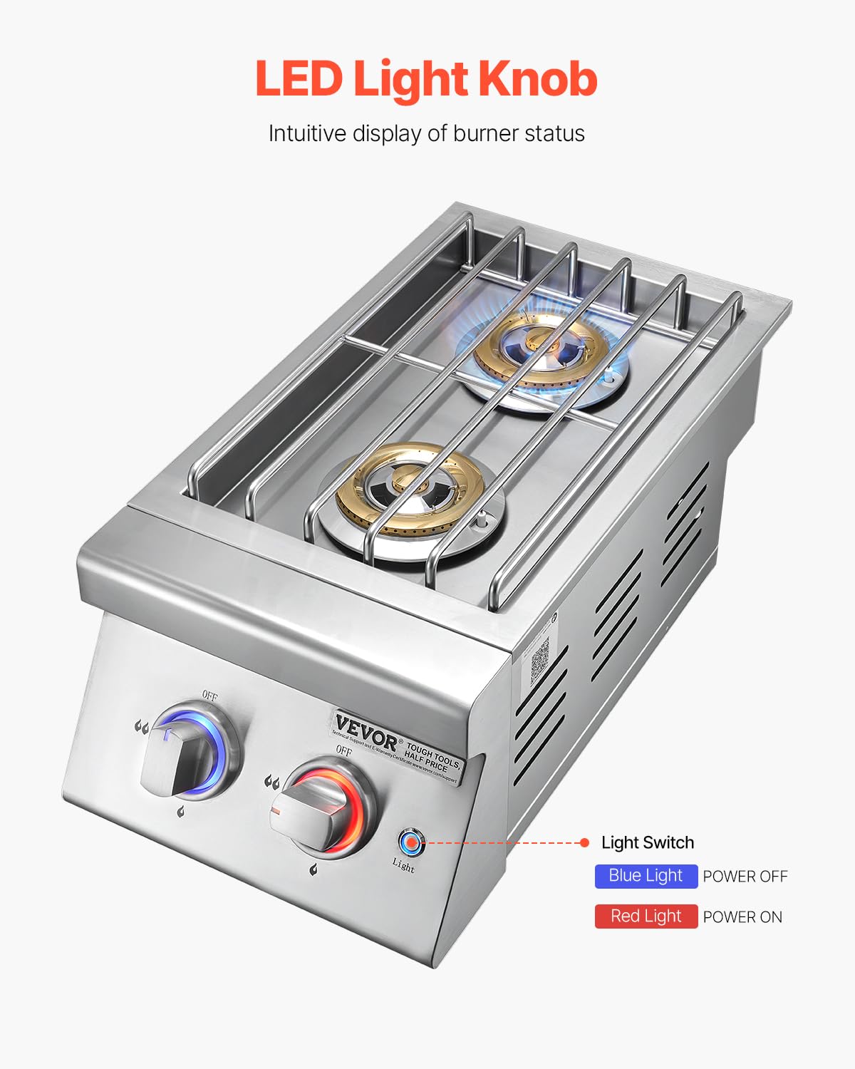 Double Side Burners, 2 x 17,000BTU Liquid Propane, Convertible to Natural Gas, 304 Stainless Steel Built-in G8983