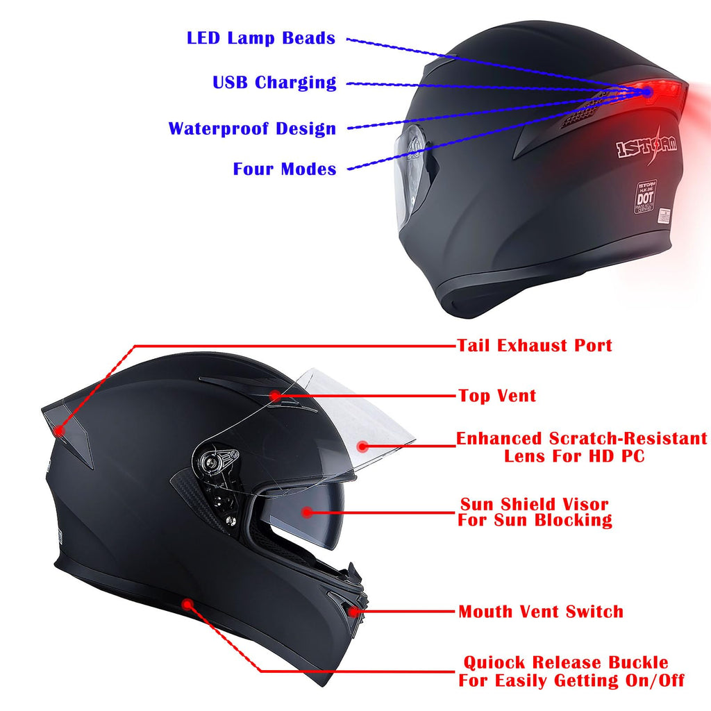 Full Face Motorcycle Helmet with LED Tail Light Matt Black D229