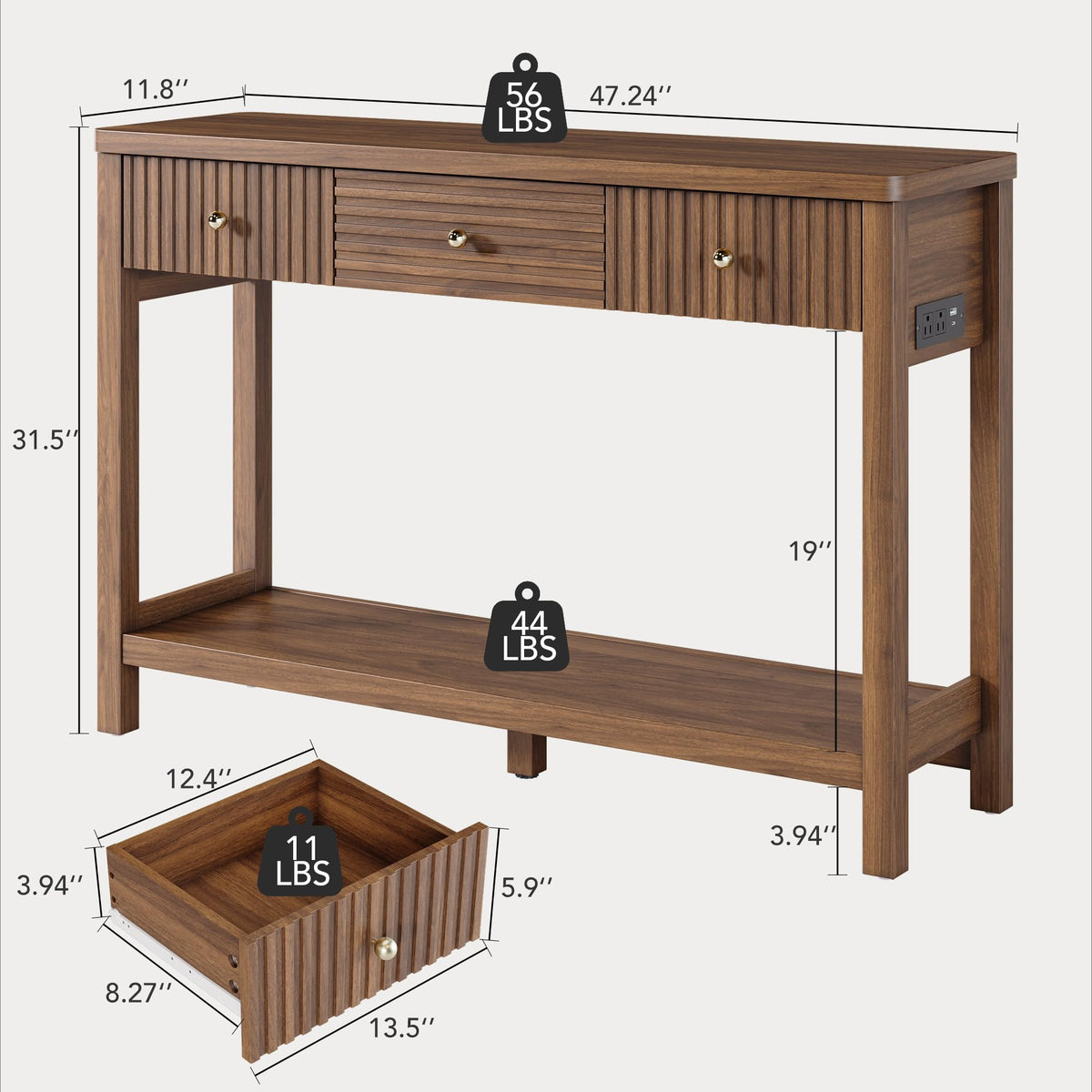 47'' Fluted Console Table with Charging Station & 3 Drawers Y944