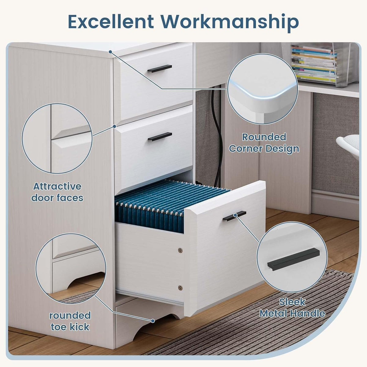 60" White L Shaped Desk with File Drawers I2730