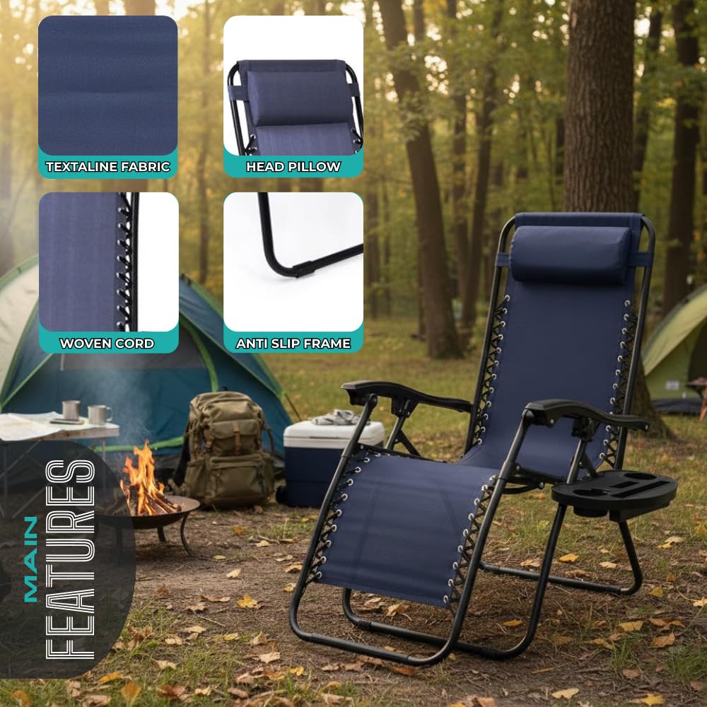 NavyBlue Adjustable Folding Zero Gravity Lounge Chair with Pillow and Cup Holder F5366