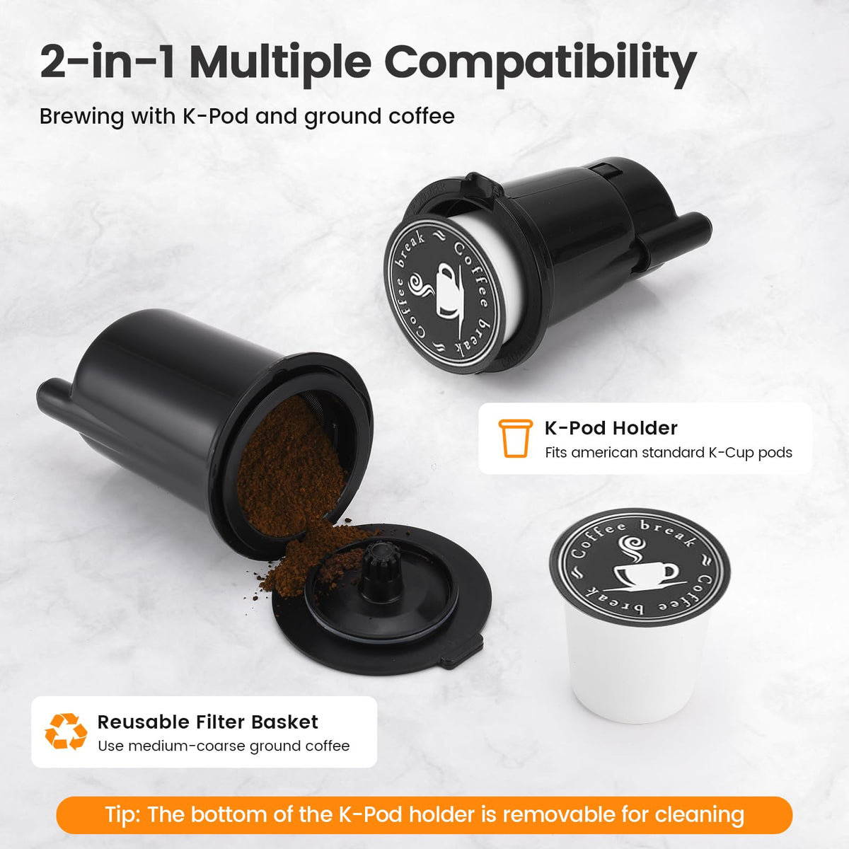 Single Serve Coffee Maker for K-Cup Pod & Grounds, 6 to 14oz Brew Sizes, 50oz Removable Reservoir, Stainless Steel, Black A671