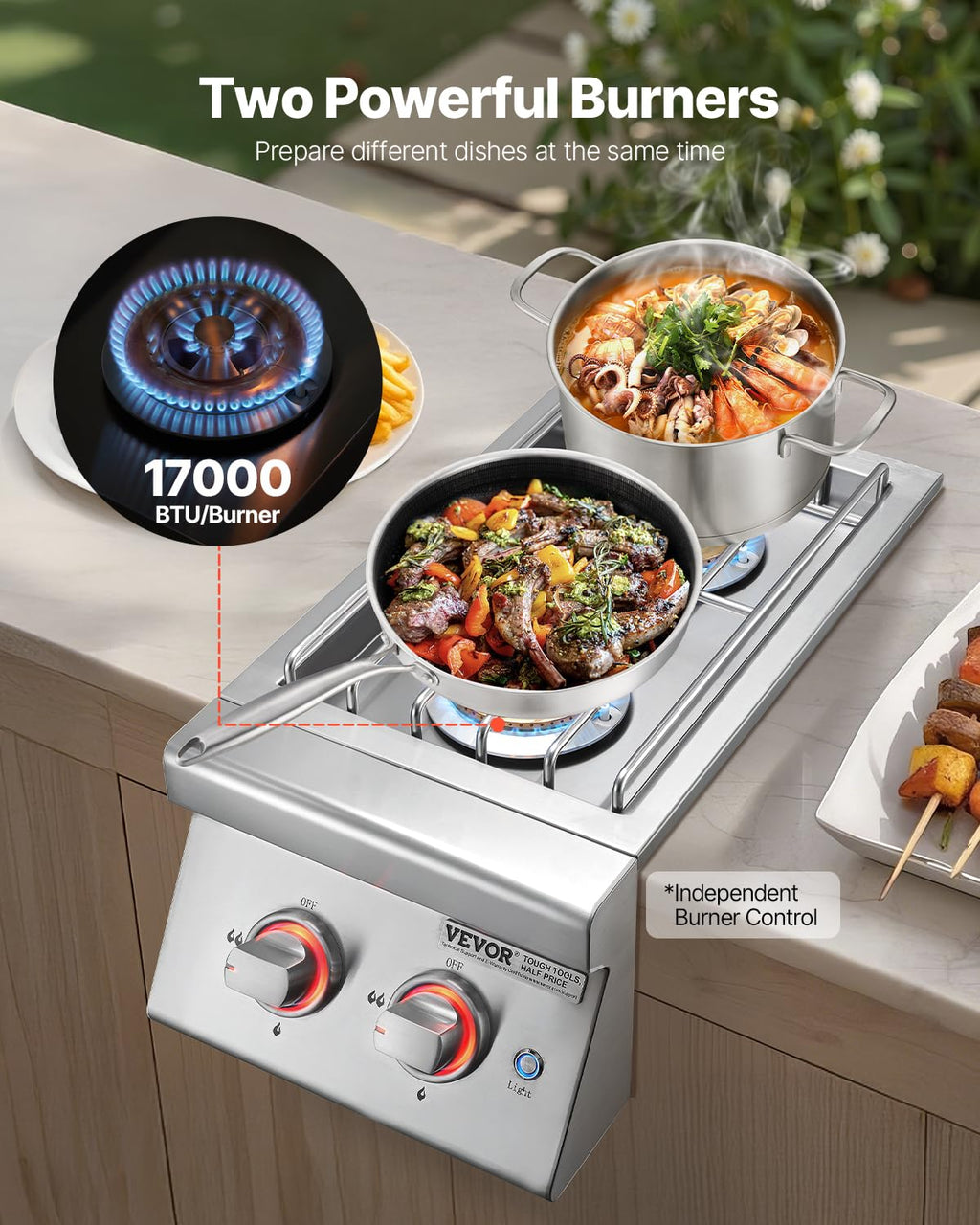 Double Side Burners, 2 x 17,000BTU Liquid Propane, Convertible to Natural Gas, 304 Stainless Steel Built-in G8983