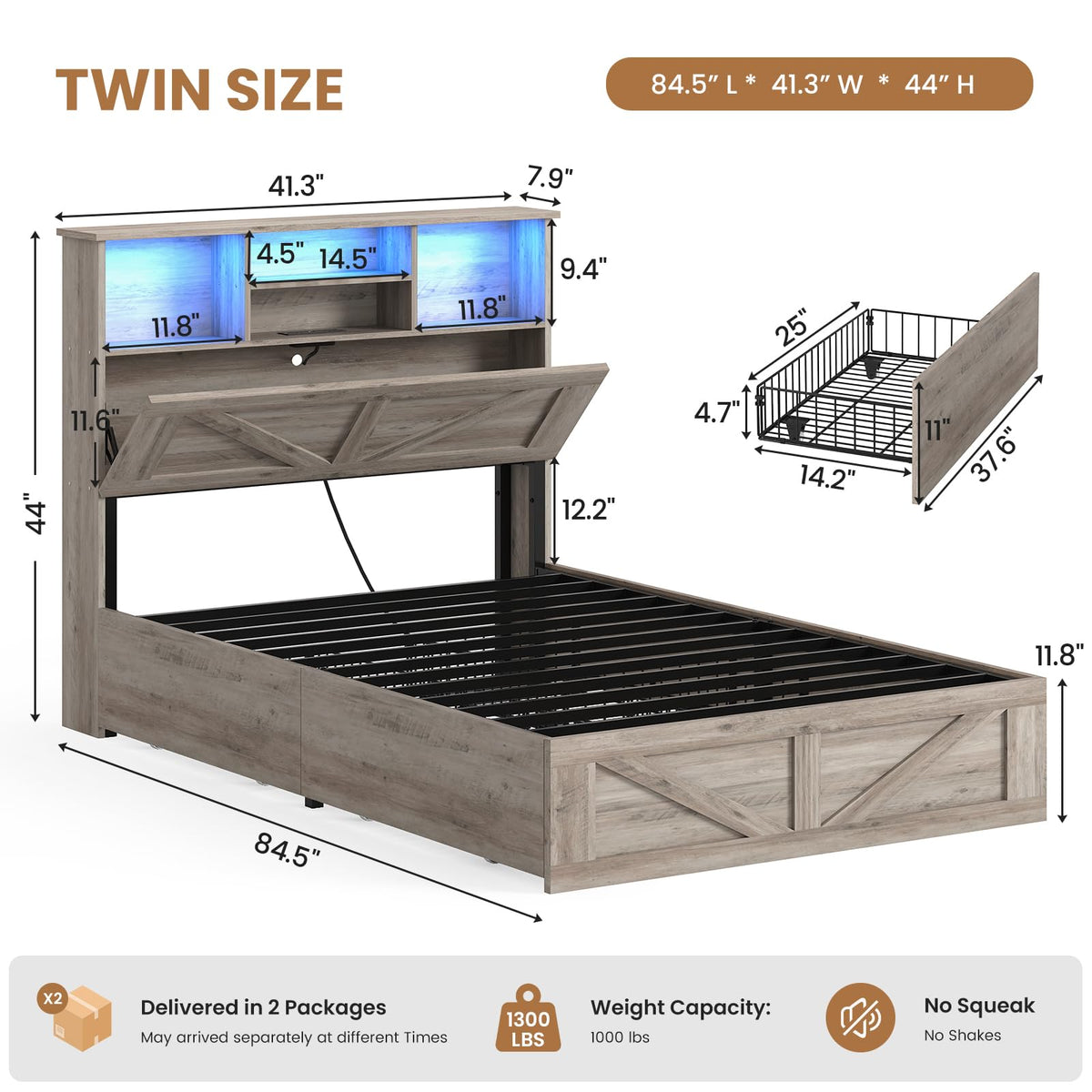 Twin Bed with Bookcase Headboard and 4 Drawers L7606