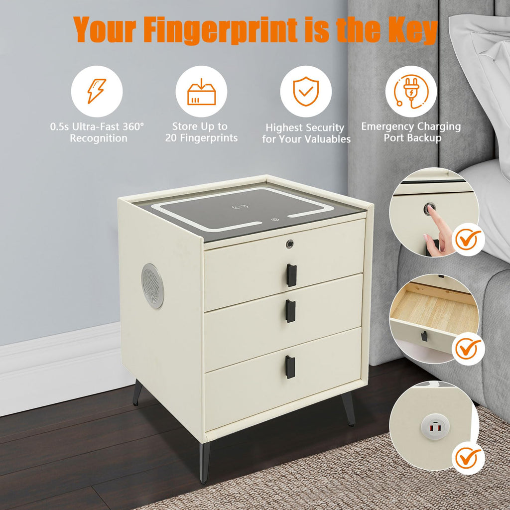 Beige White Smart LED Nightstand with USB Charging E445