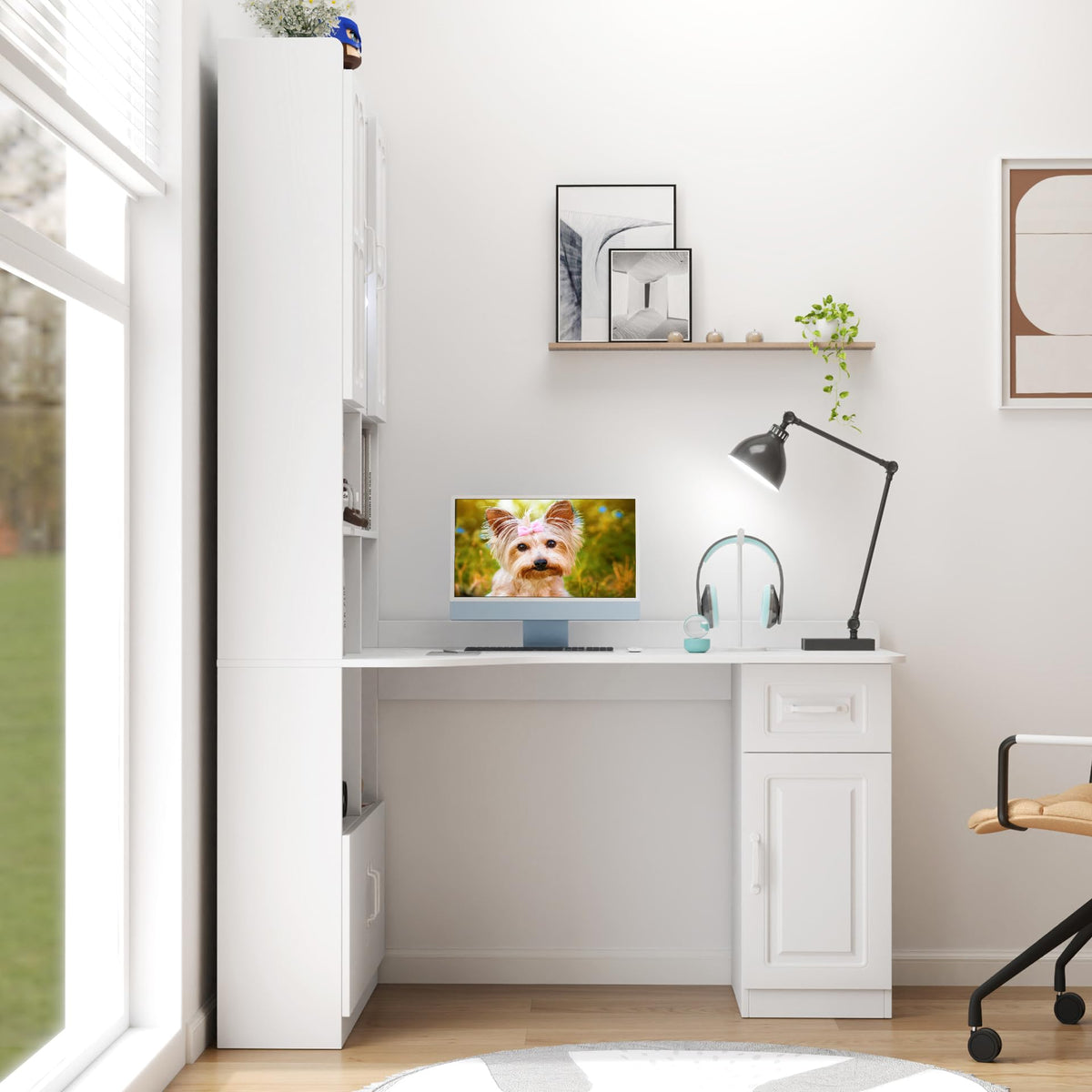 White L Shaped Corner Computer Desk with Bookshelf and Drawer V61560