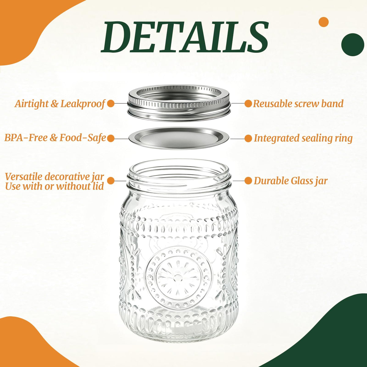 6-Pack Glass Mason Jars 16 oz Wide Mouth Canning Jars Z370
