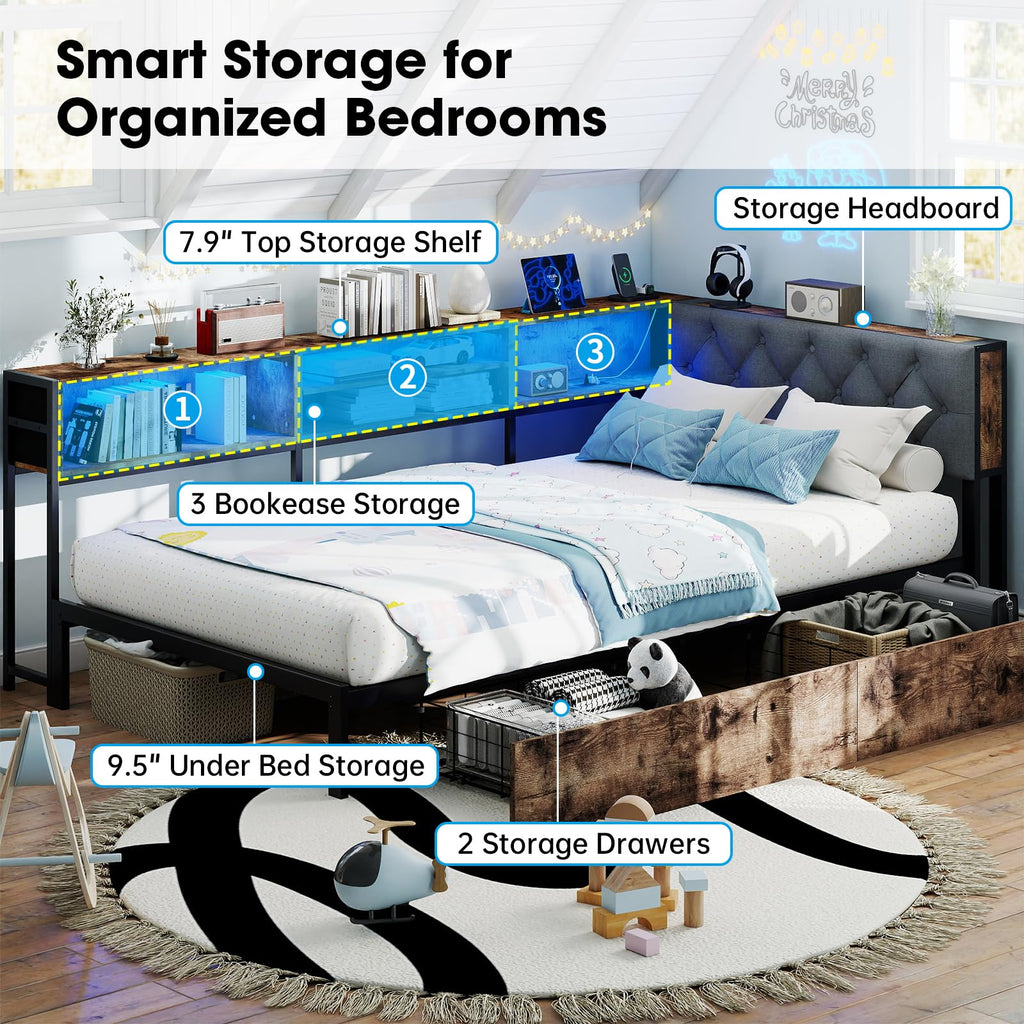 Twin Size Corner Bed Frame with Storage Bookcase X2226