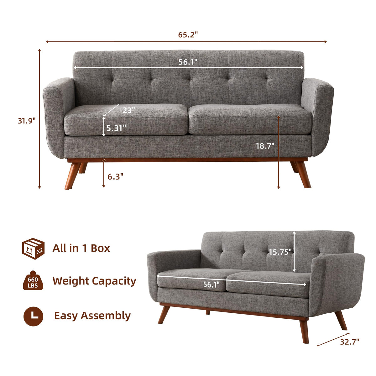 65.2" W Grey Button Tufted Loveseat Sofa P6957