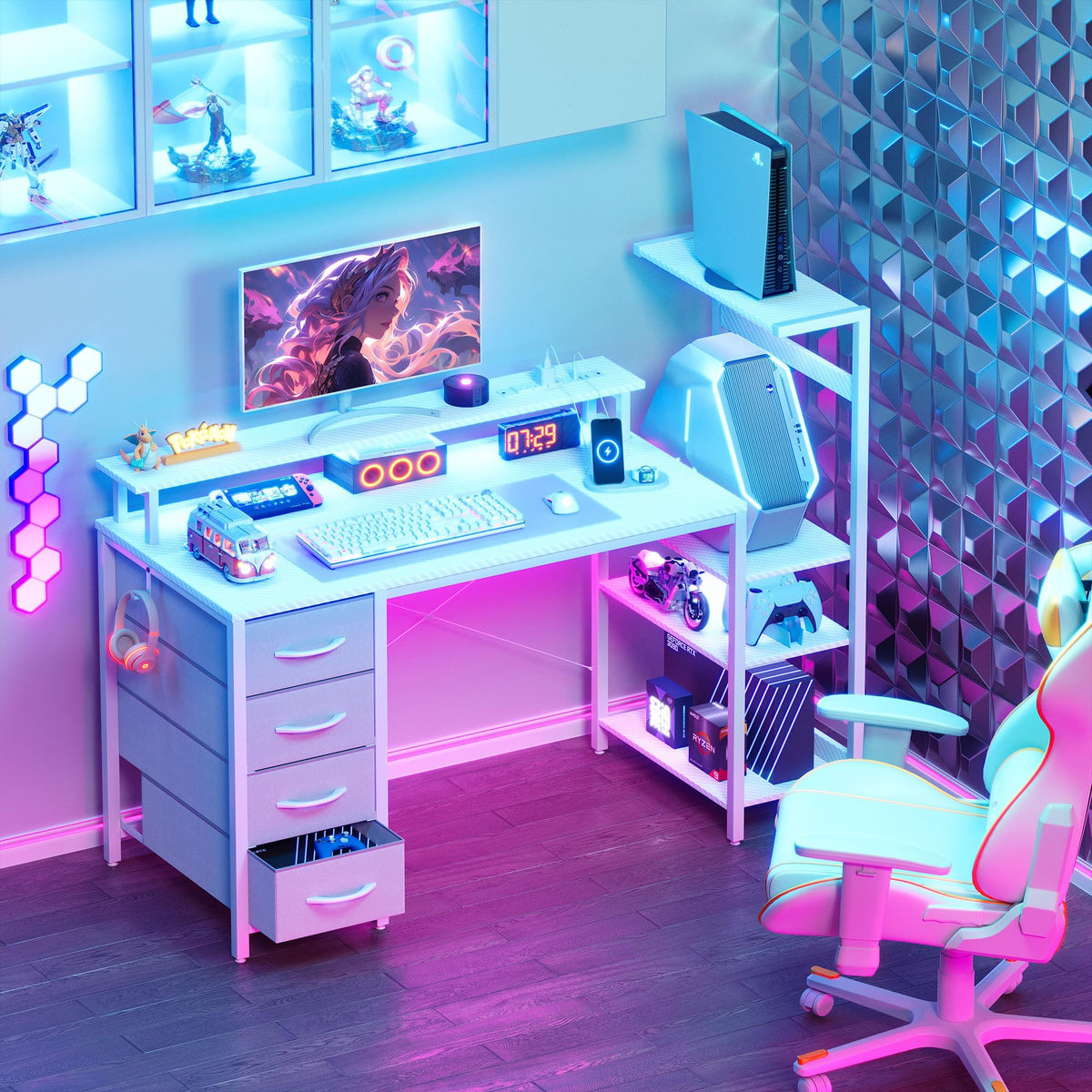 51 Inch White Gaming Desk with Drawers M55758