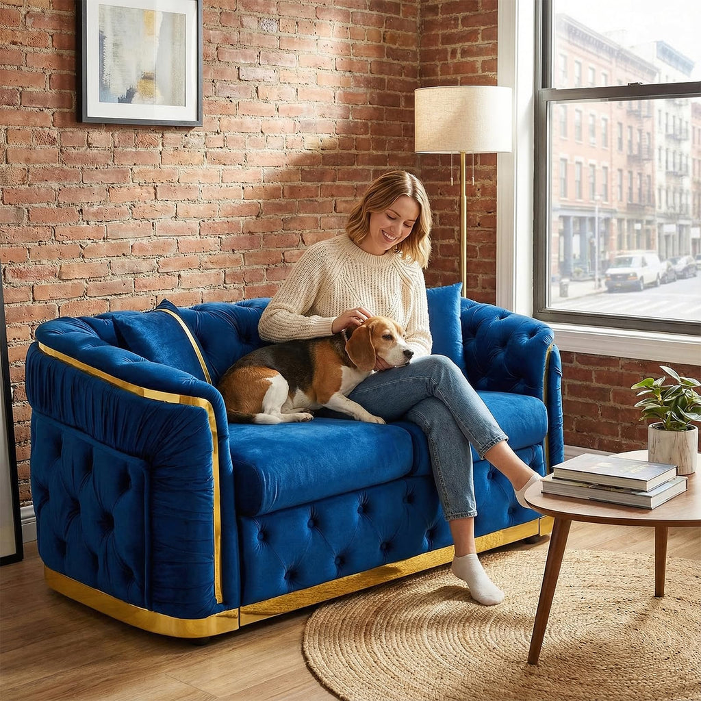 Blue and Gold Velvet Button Tufted Loveseat Sofa J8415