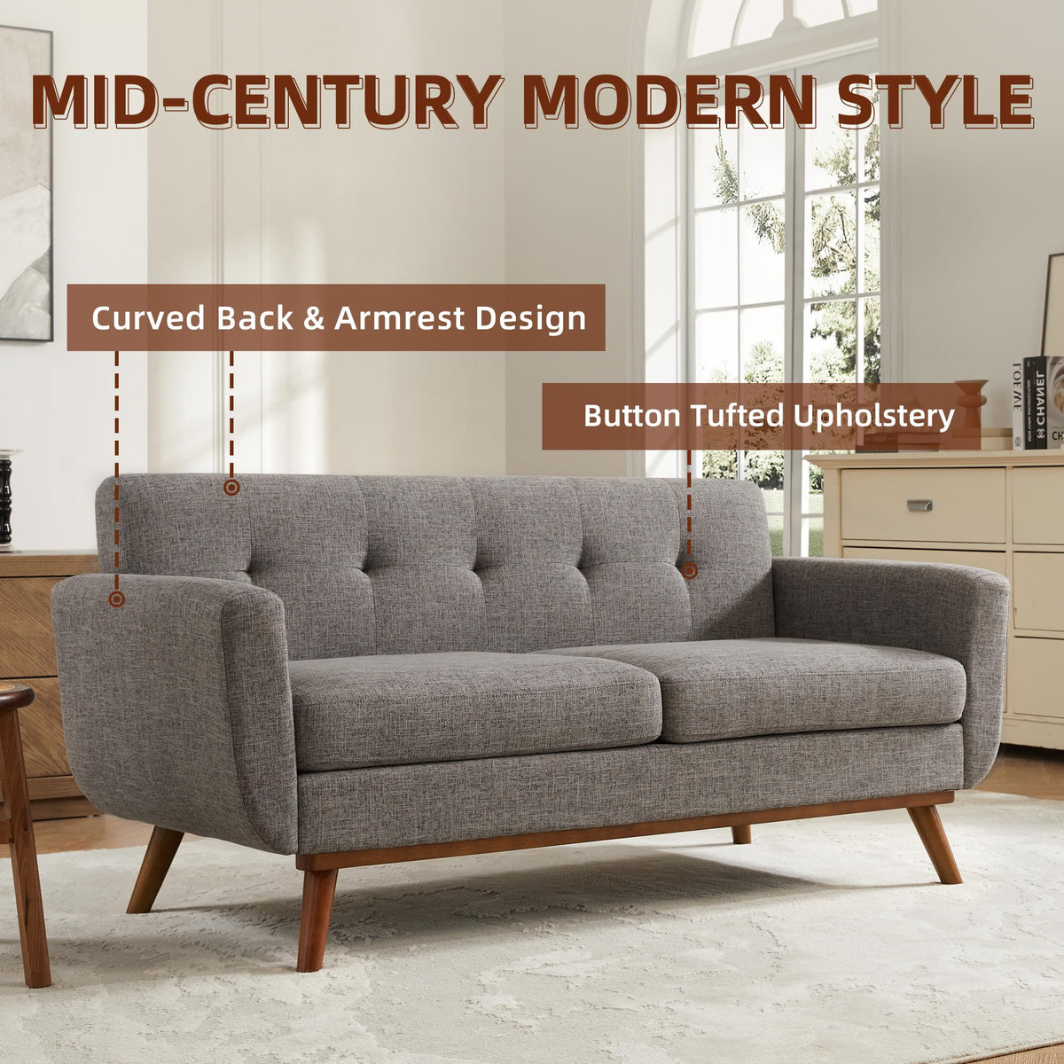 65.2" W Grey Button Tufted Loveseat Sofa P6957
