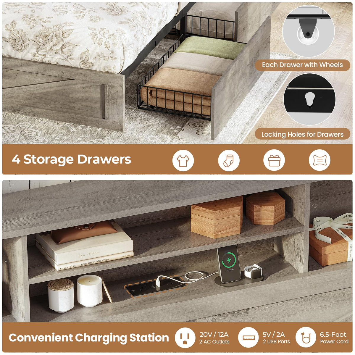 Twin Bed with Bookcase Headboard and 4 Drawers L7606