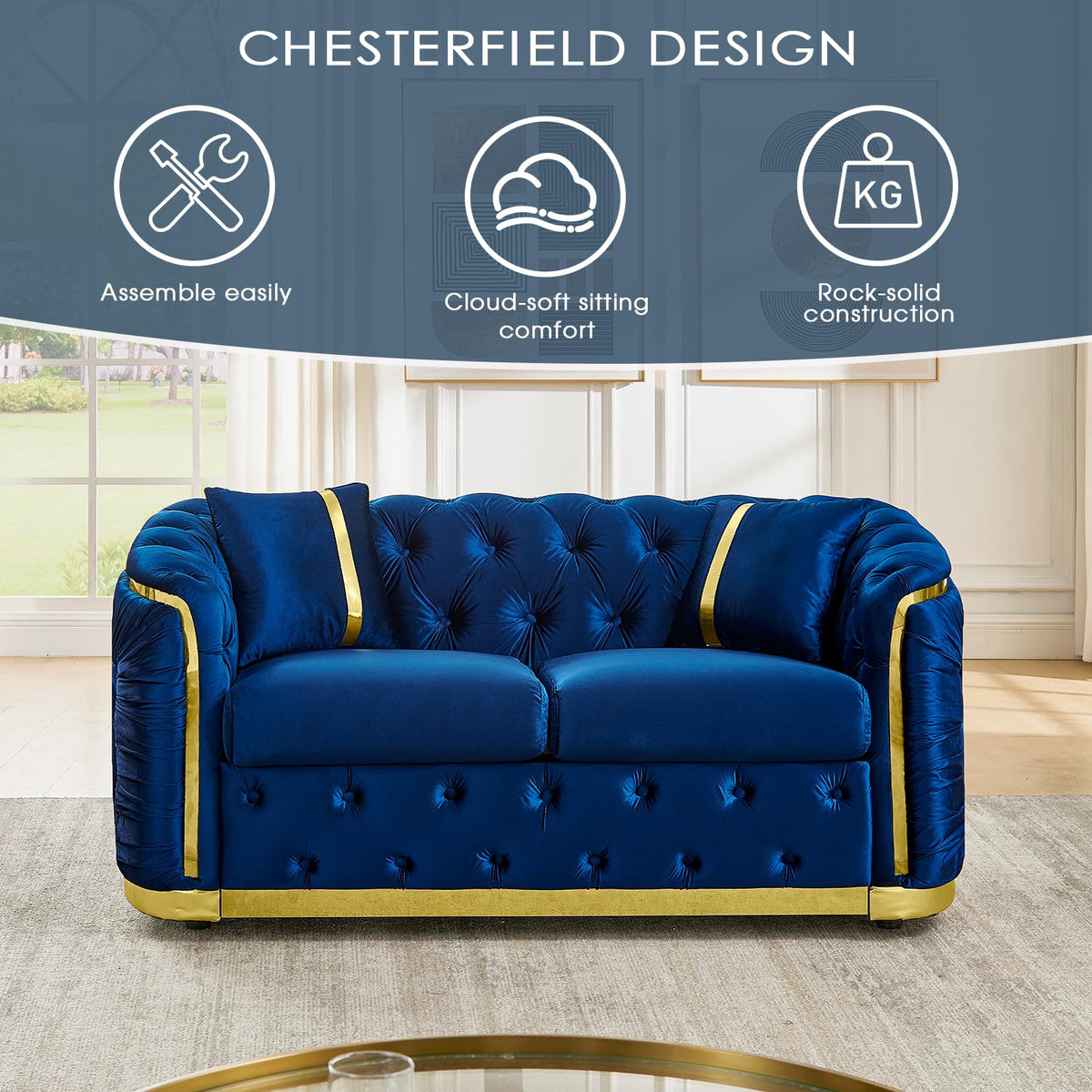 Blue and Gold Velvet Button Tufted Loveseat Sofa J8415