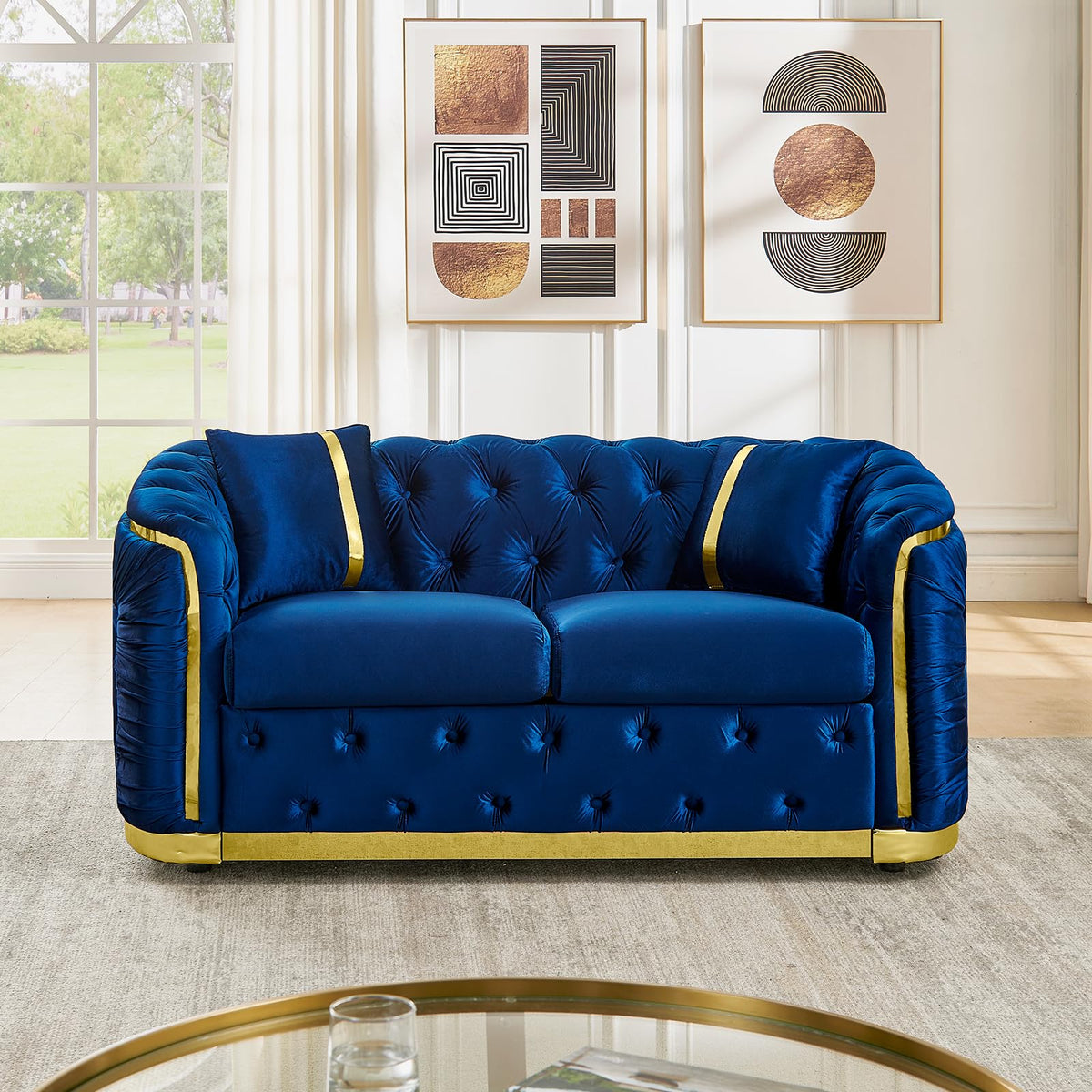 Blue and Gold Velvet Button Tufted Loveseat Sofa J8415