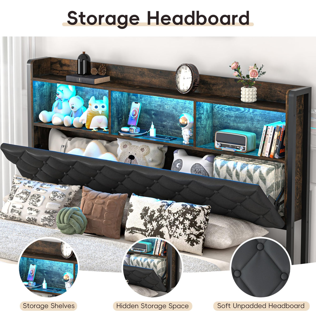 Queen Size Metal Platform Bed with Storage Bookcase Headboard V55842