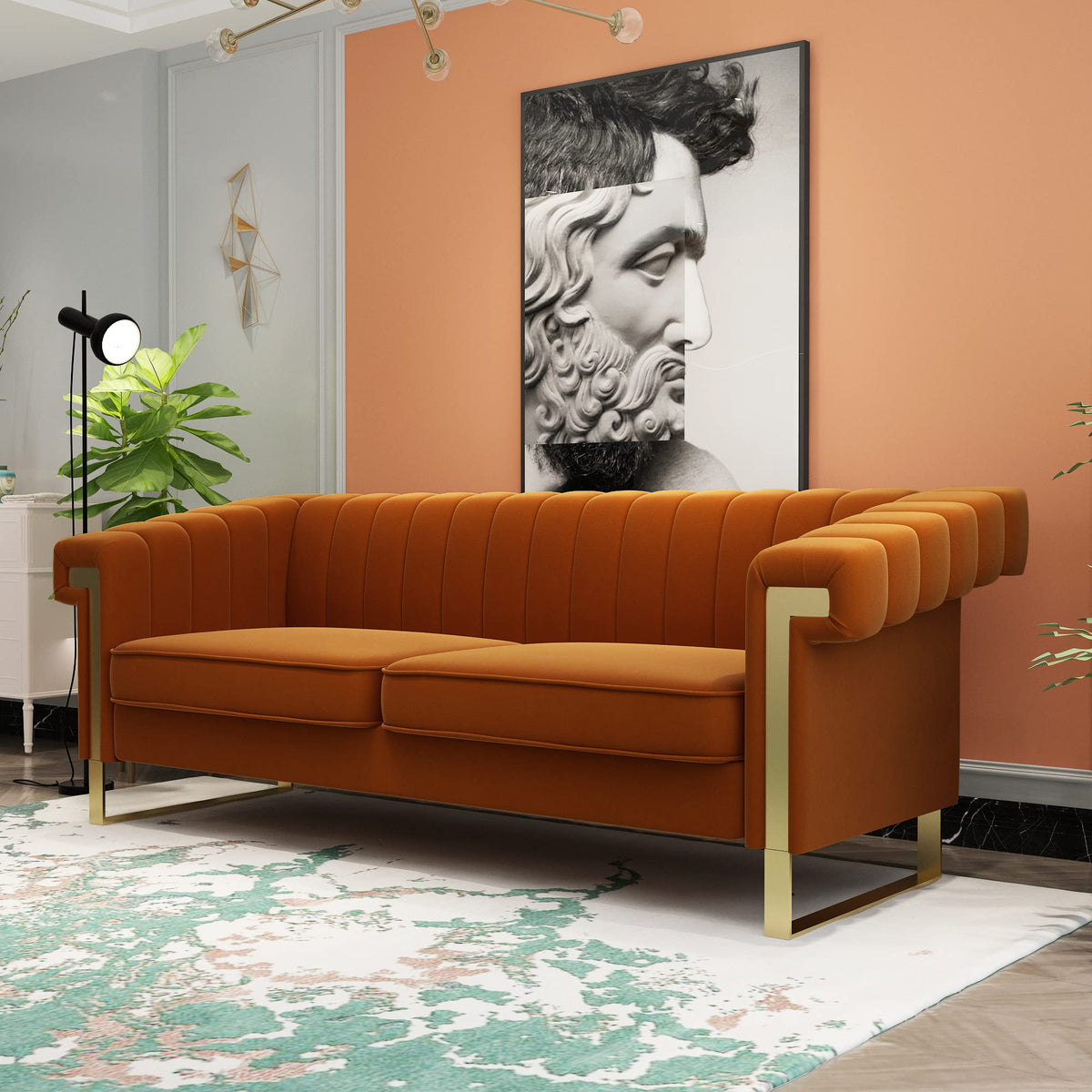 84 Inch Orange Velvet Chesterfield Sofa C888