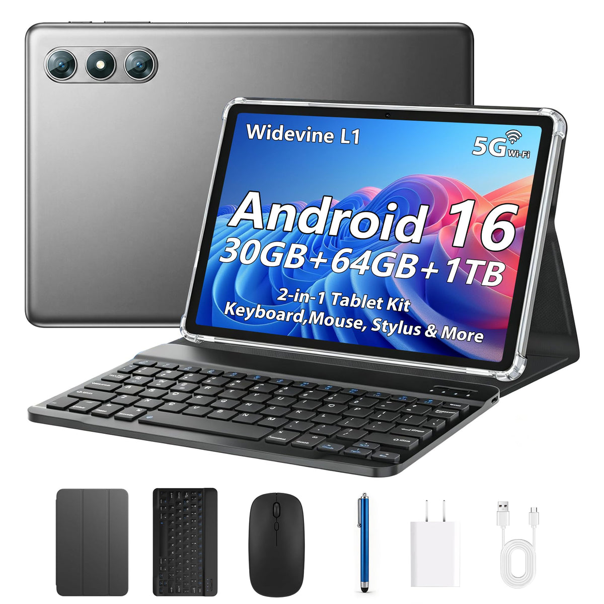 10.1" Android 16 Tablet with Keyboard, 30GB RAM 64GB ROM, Gray B648