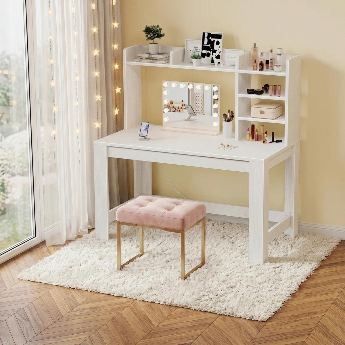White Student Desk with Hutch and Built-in Power Outlet M550
