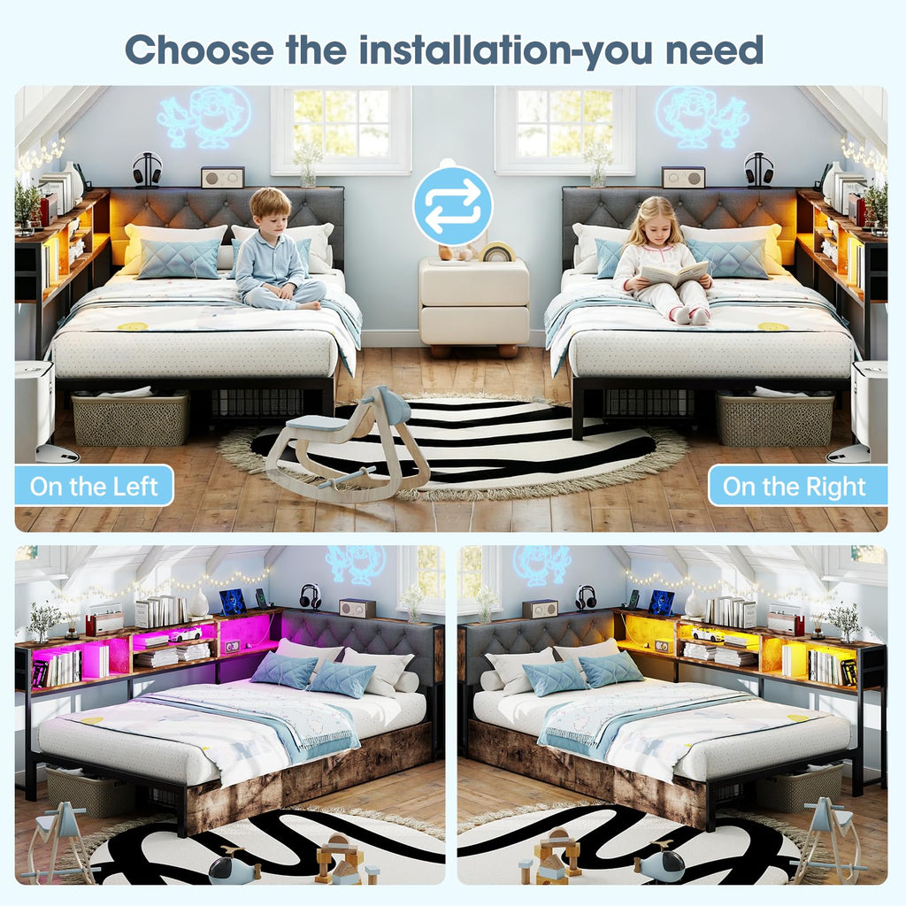 Twin Size Corner Bed Frame with Storage Bookcase X2226