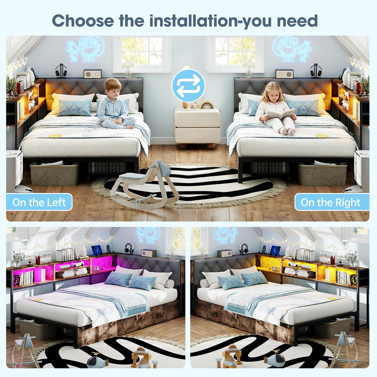 Twin Size Corner Bed Frame with Storage Bookcase X2226