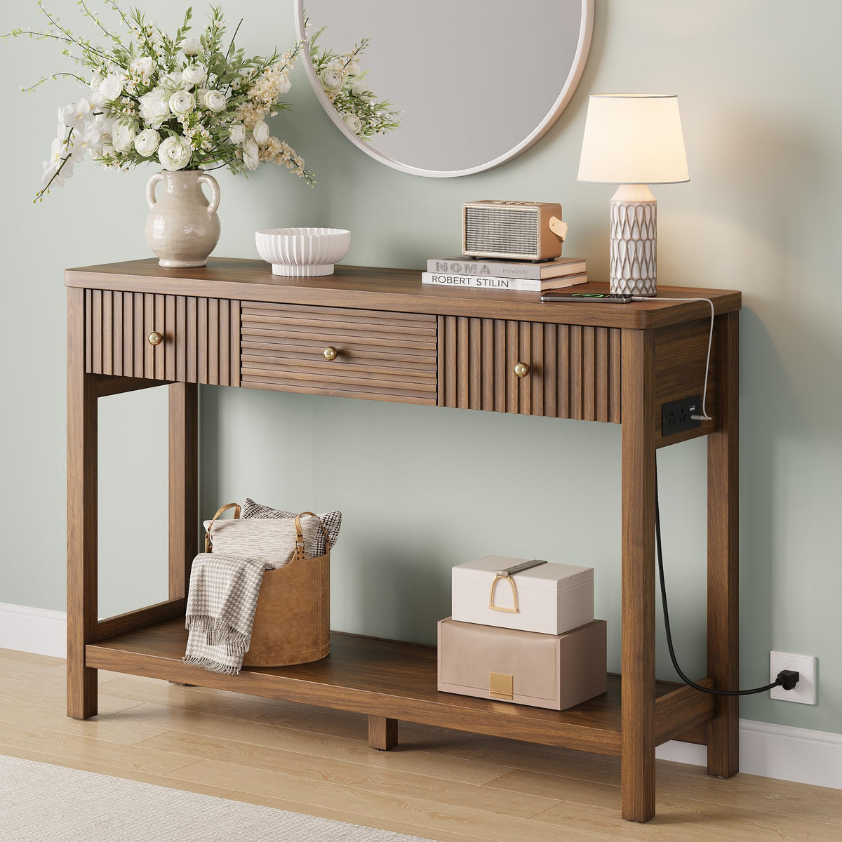 47'' Fluted Console Table with Charging Station & 3 Drawers Y944