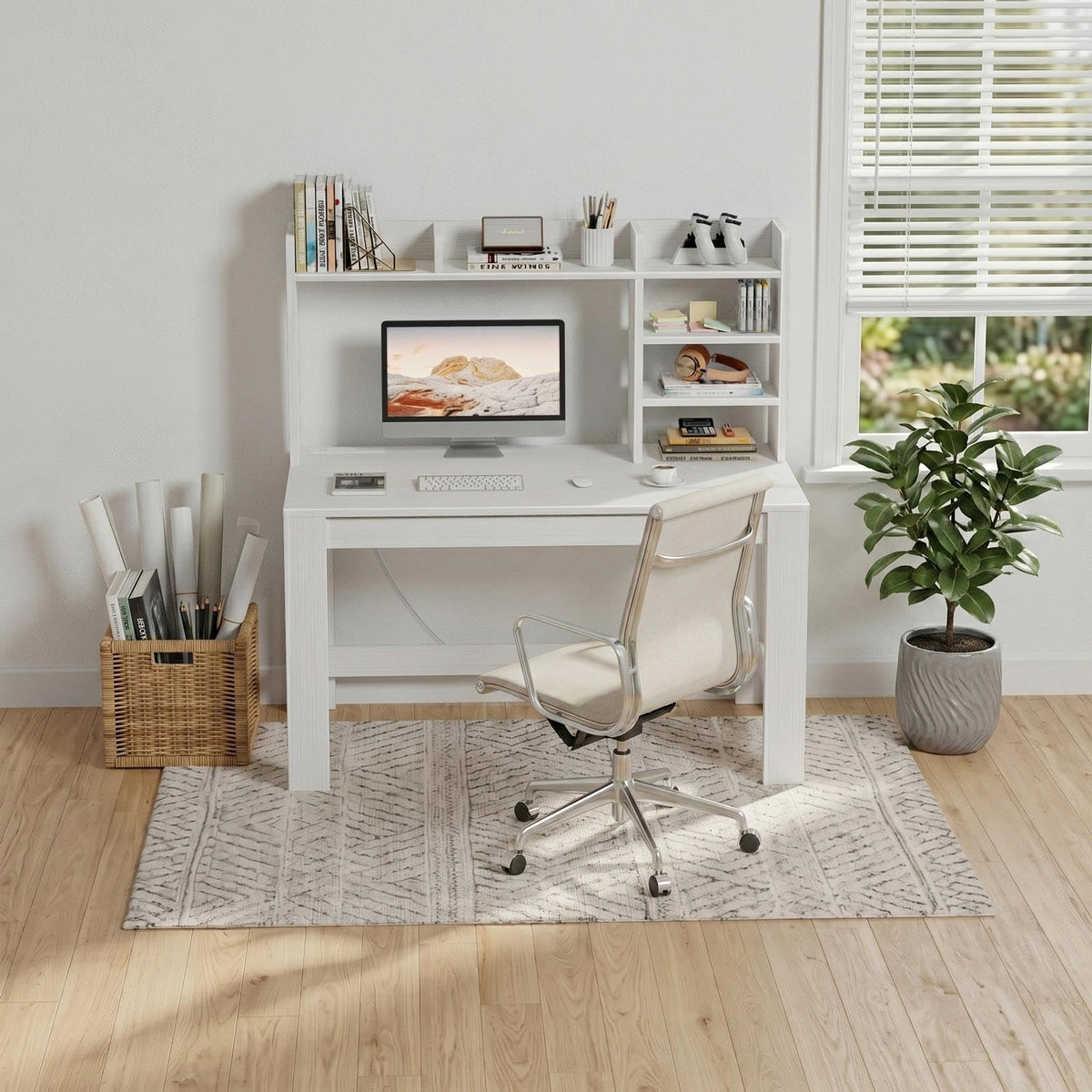 White Student Desk with Hutch and Built-in Power Outlet M550