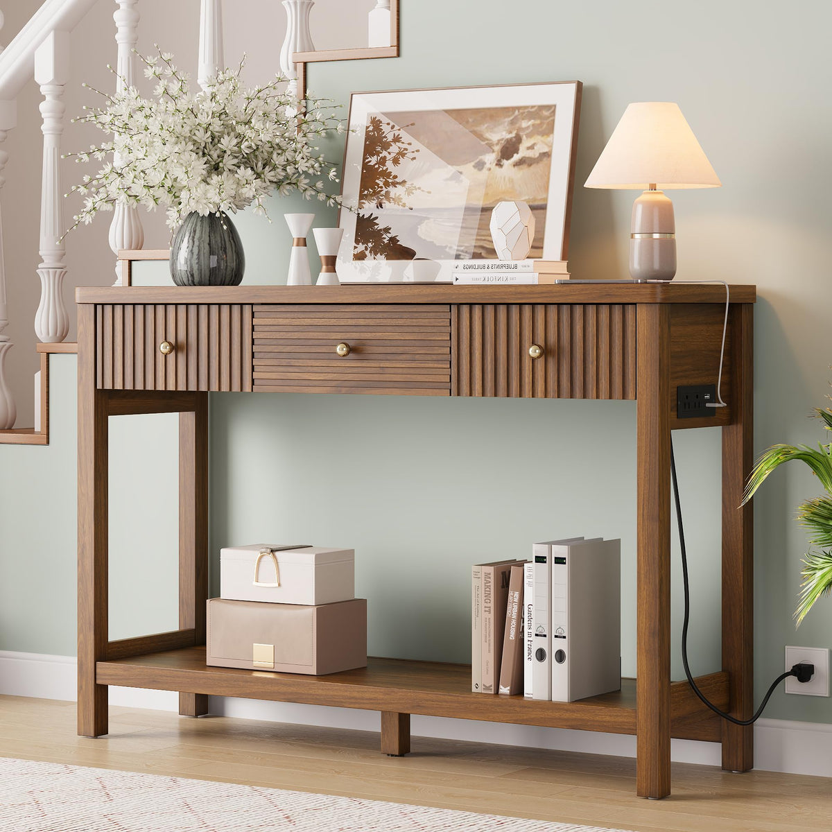 47'' Fluted Console Table with Charging Station & 3 Drawers Y944
