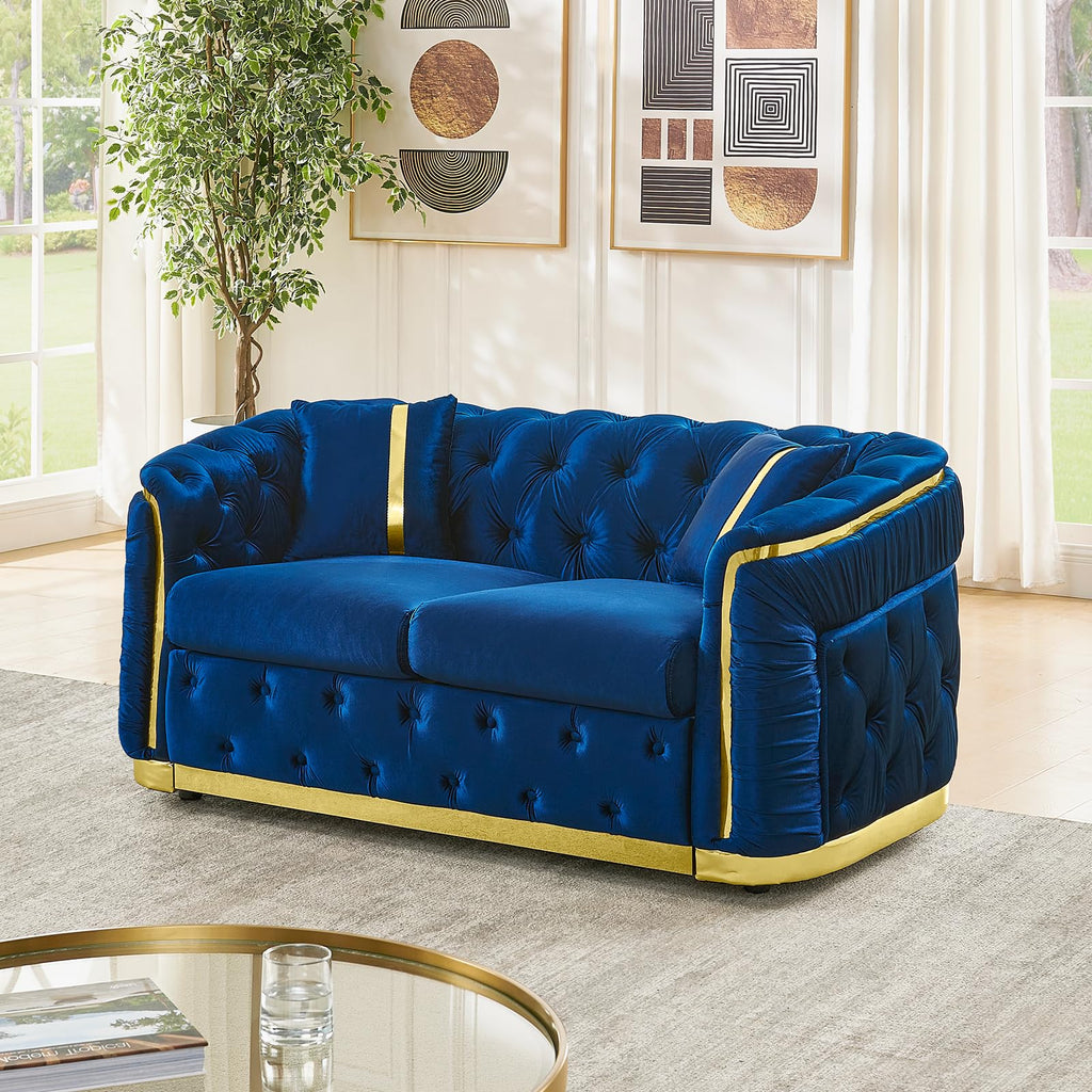Blue and Gold Velvet Button Tufted Loveseat Sofa J8415