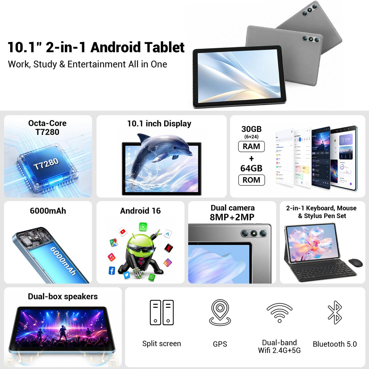 10.1" Android 16 Tablet with Keyboard, 30GB RAM 64GB ROM, Gray B648