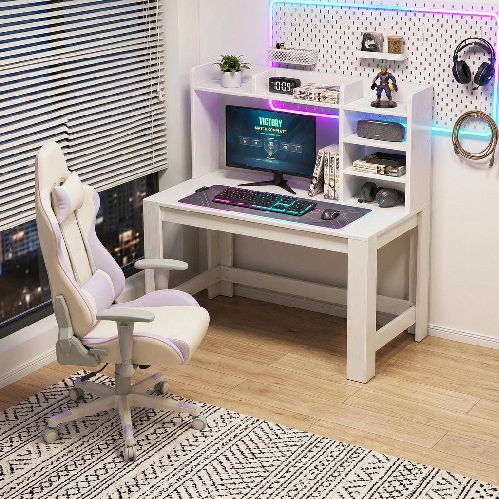 White Student Desk with Hutch and Built-in Power Outlet M550