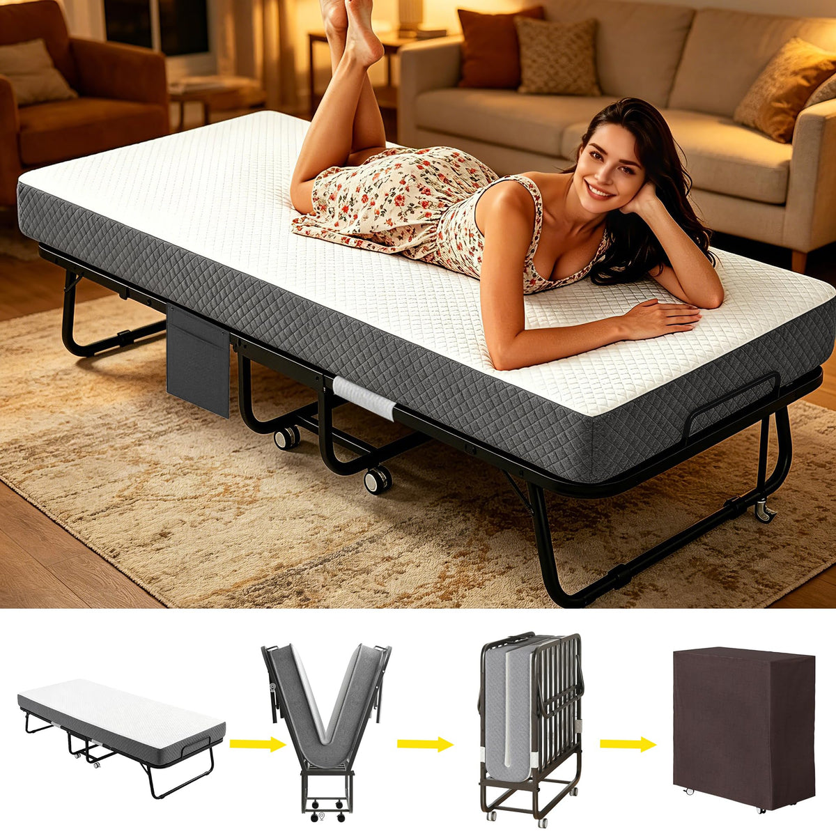 Folding Rollaway Guest Bed with 5" Memory Foam Mattress, Twin Size K518