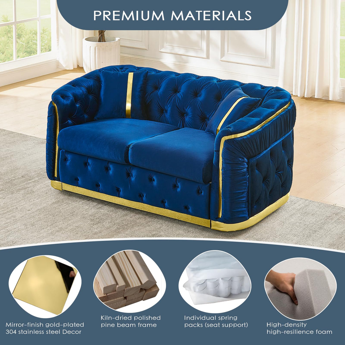 Blue and Gold Velvet Button Tufted Loveseat Sofa J8415