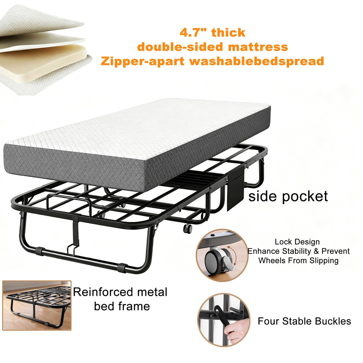 Folding Rollaway Guest Bed with 5" Memory Foam Mattress, Twin Size K518