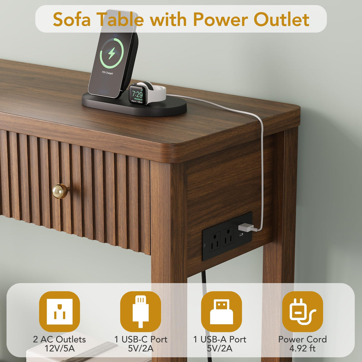 47'' Fluted Console Table with Charging Station & 3 Drawers Y944