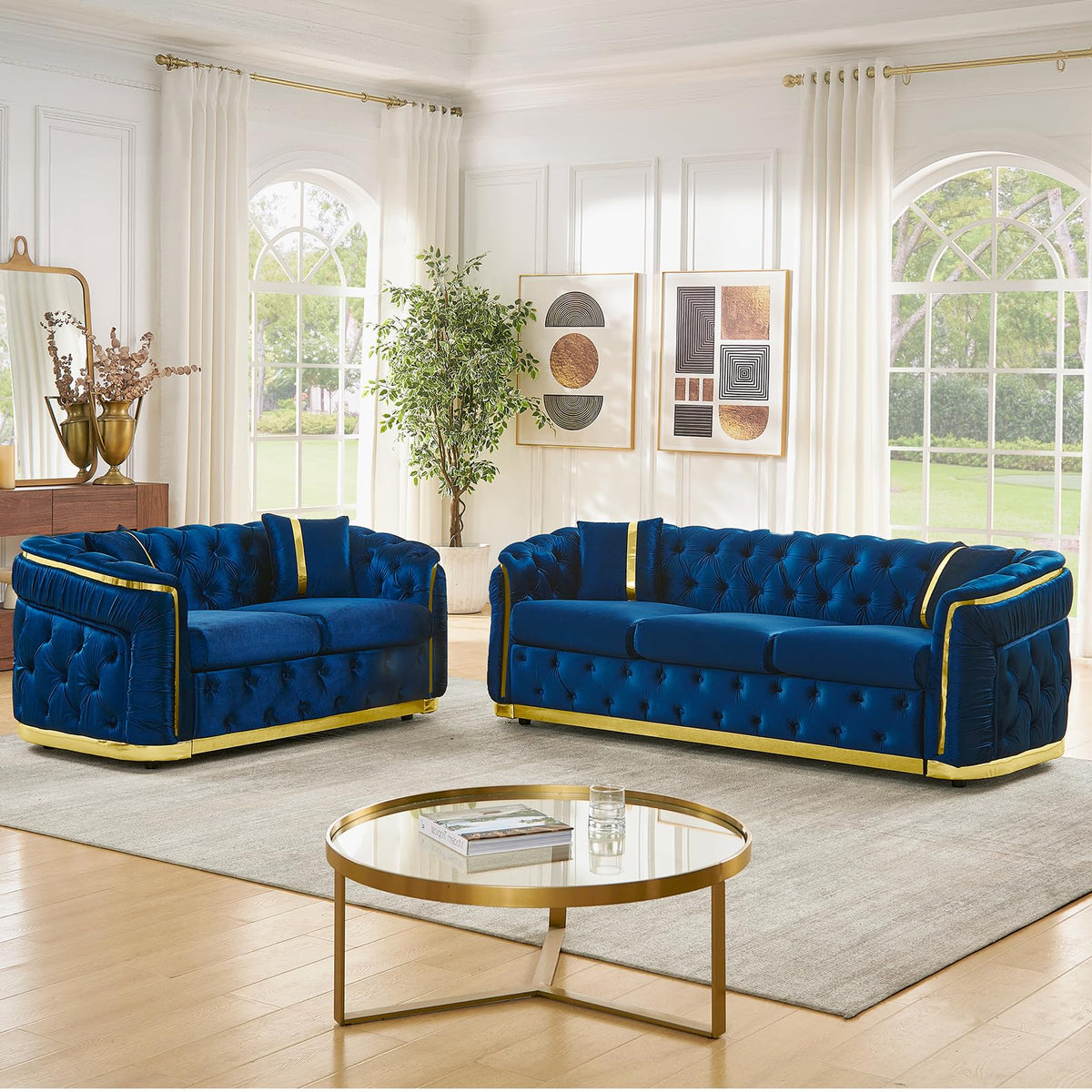 Blue and Gold Velvet Button Tufted Loveseat Sofa J8415