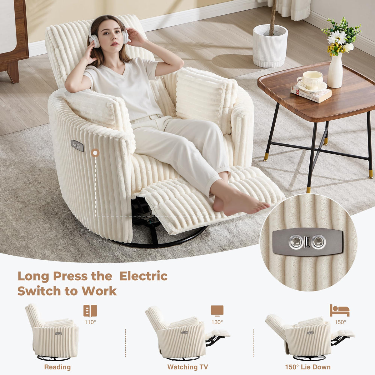 Power Recliner Swivel Glider Rocking Chair with USB Port E93967