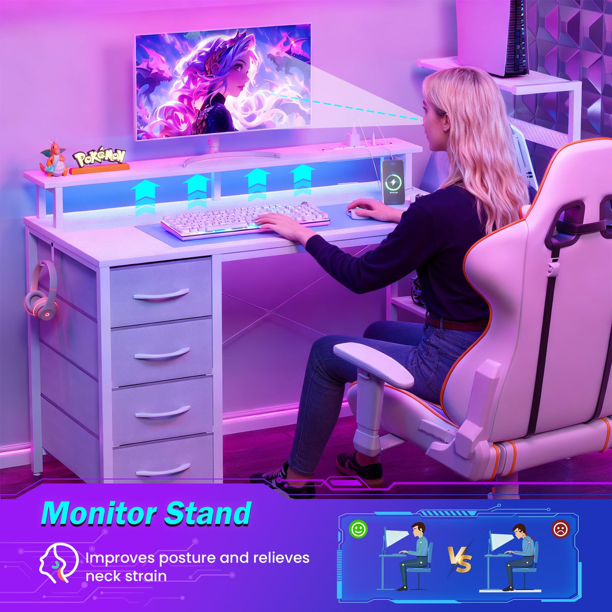51 Inch White Gaming Desk with Drawers M55758