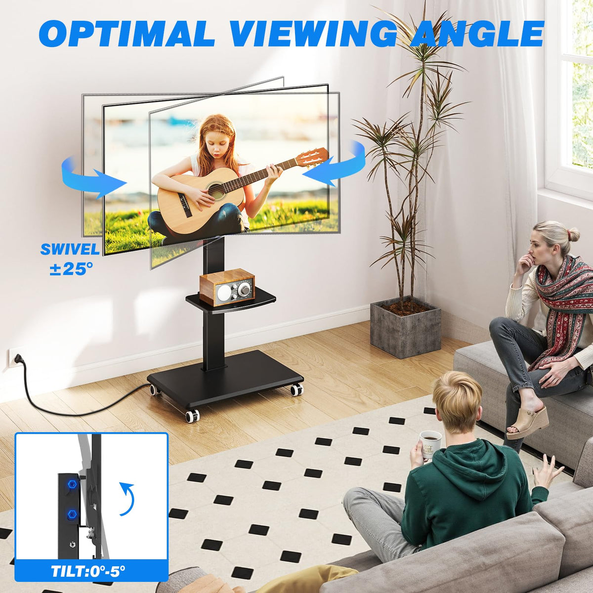 Black Mobile TV Stand 32-75 Inch with Power Outlet and Shelf G7553