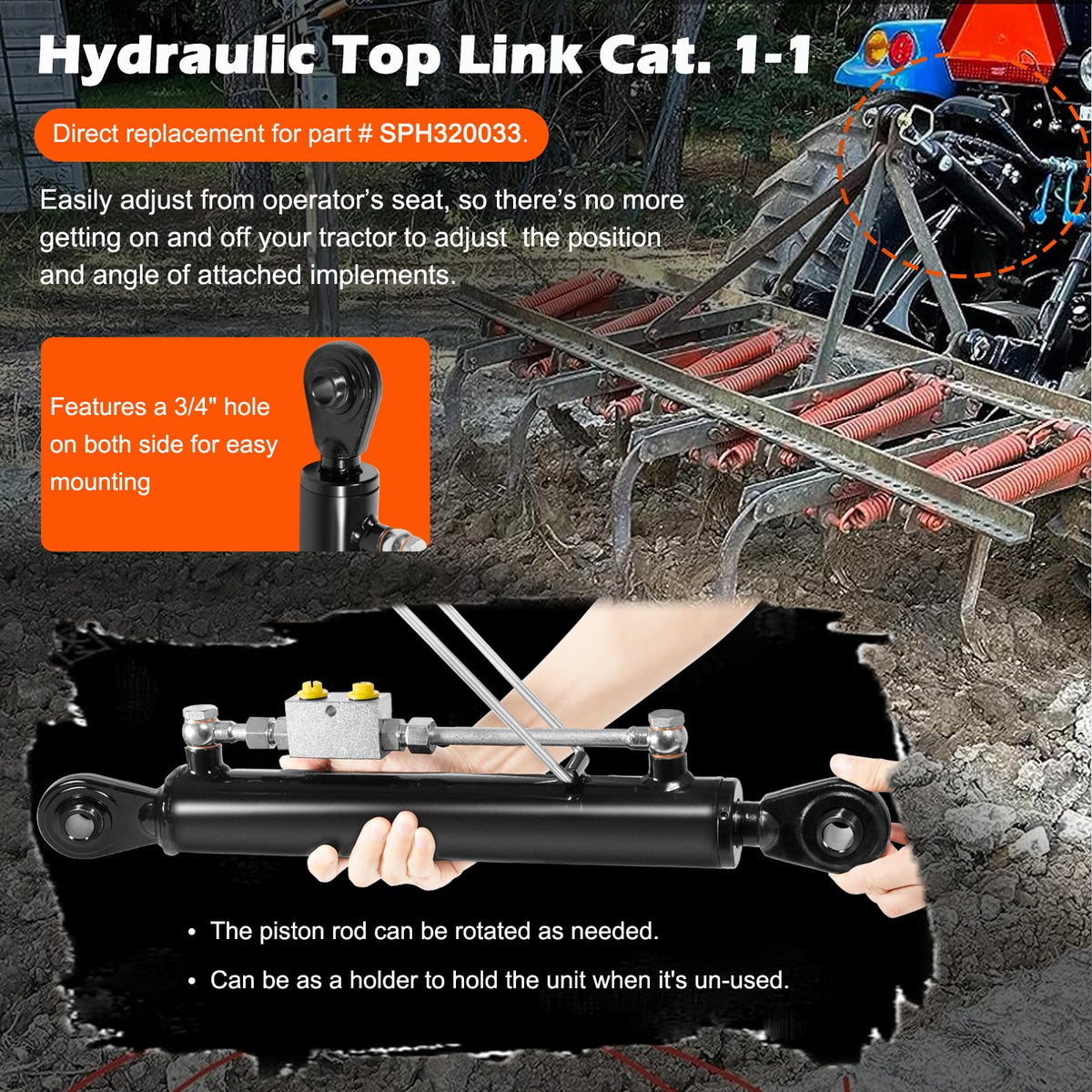 Hydraulic Top Link Cat. 1-1 with Locking Block 20 7/8” - 31 7/8” with 2 x Hose, Two-Way Check Valve Hydraulic Cylinder Set Q191