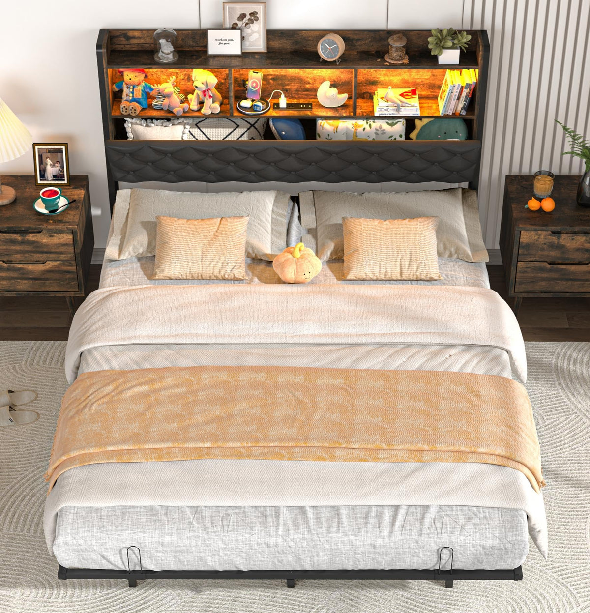 Queen Size Metal Platform Bed with Storage Bookcase Headboard V55842