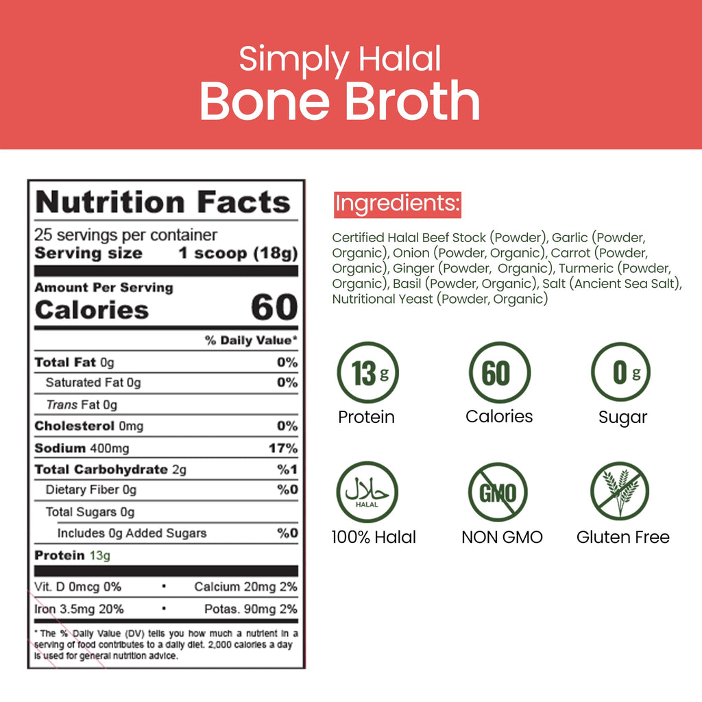 Halal Bone Broth Protein Powder, Grass-Fed Hydrolyzed Collagen, 25 Servings 16 Oz Q49613