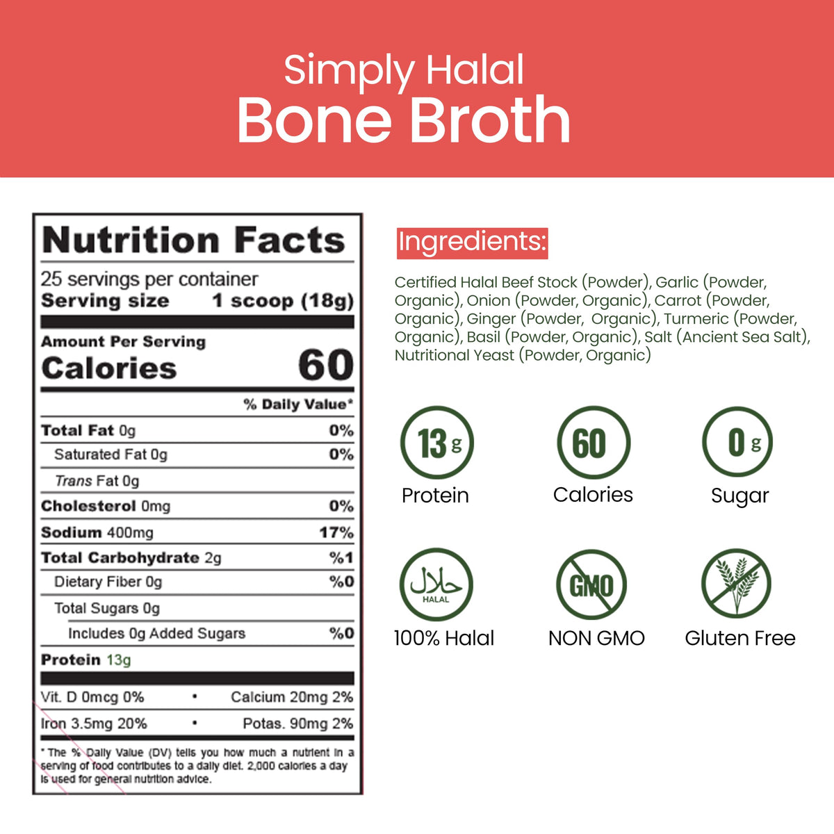 Halal Bone Broth Protein Powder, Grass-Fed Hydrolyzed Collagen, 25 Servings 16 Oz Q49613