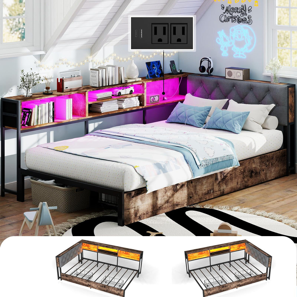 Twin Size Corner Bed Frame with Storage Bookcase X2226