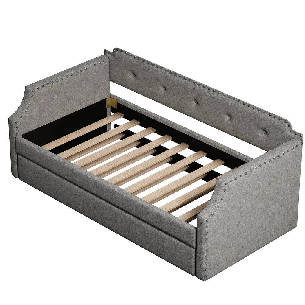 Twin Size Gray Linen Upholstered Daybed with Trundle G944659